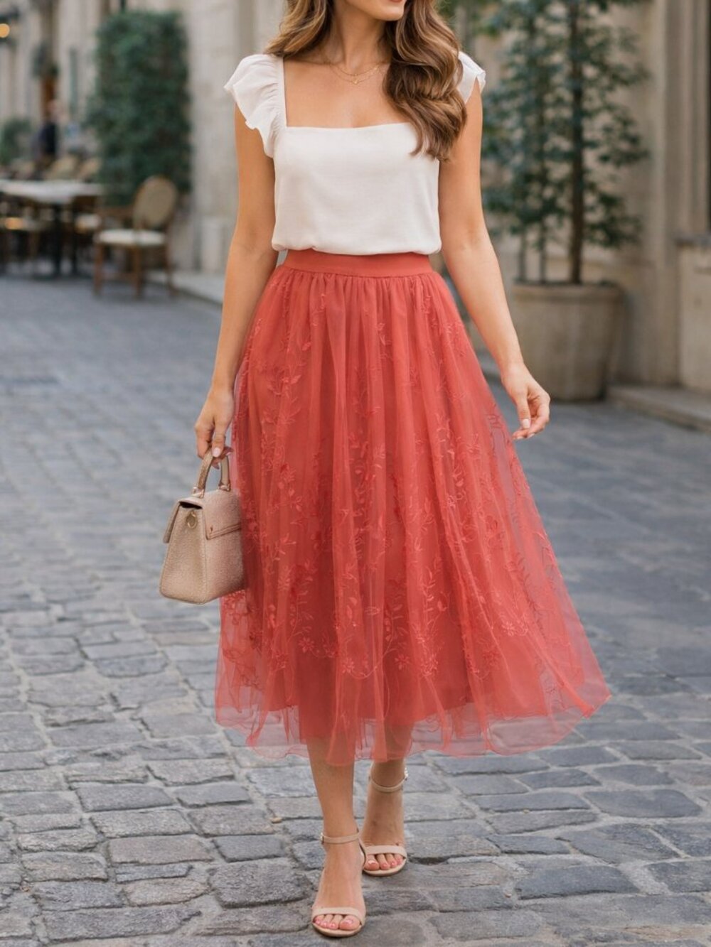 Metro Wear Rose-Red Embroidered Tulle Midi Skirt NWT